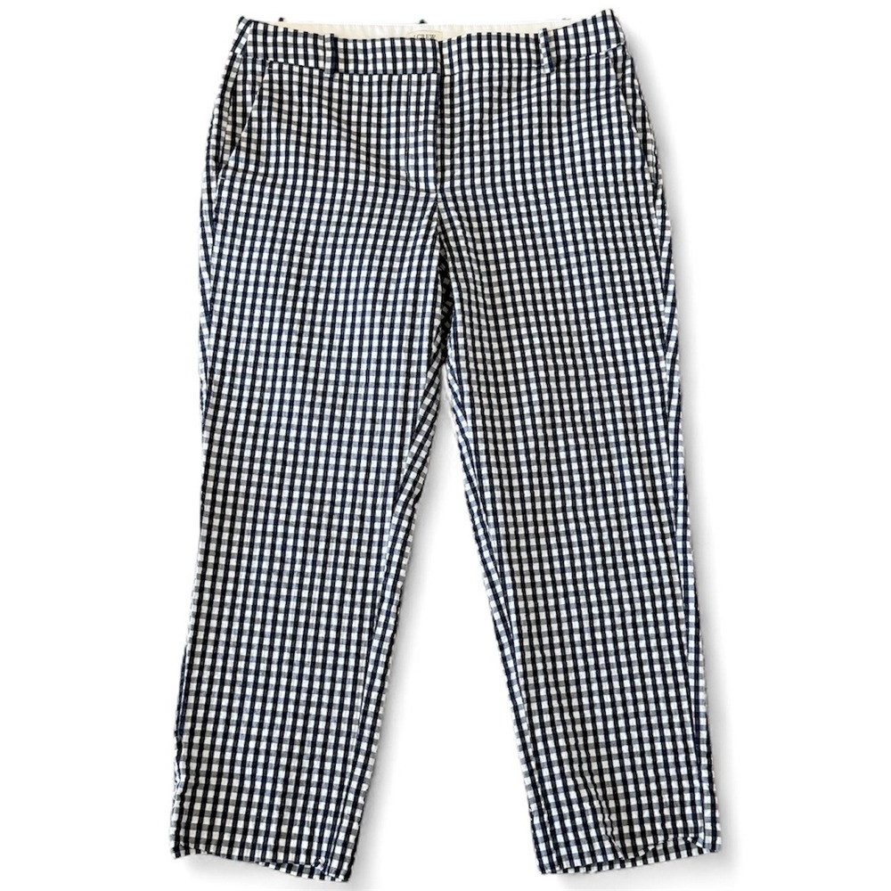 J. Crew Gingham Check Cropped Pants Women's Size 8 Blue White Cotton Blend